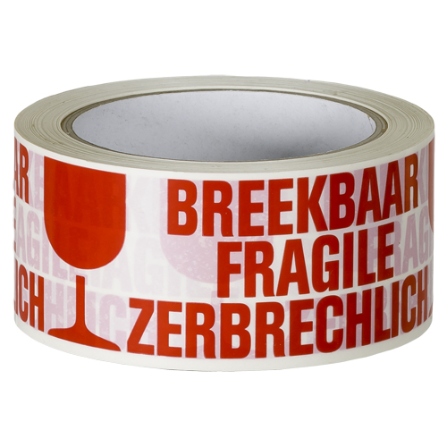 4259 PVC verpakkingstape bedrukt BREEKBAAR FRAGILE ZERBRECHLICH 50mm Wit